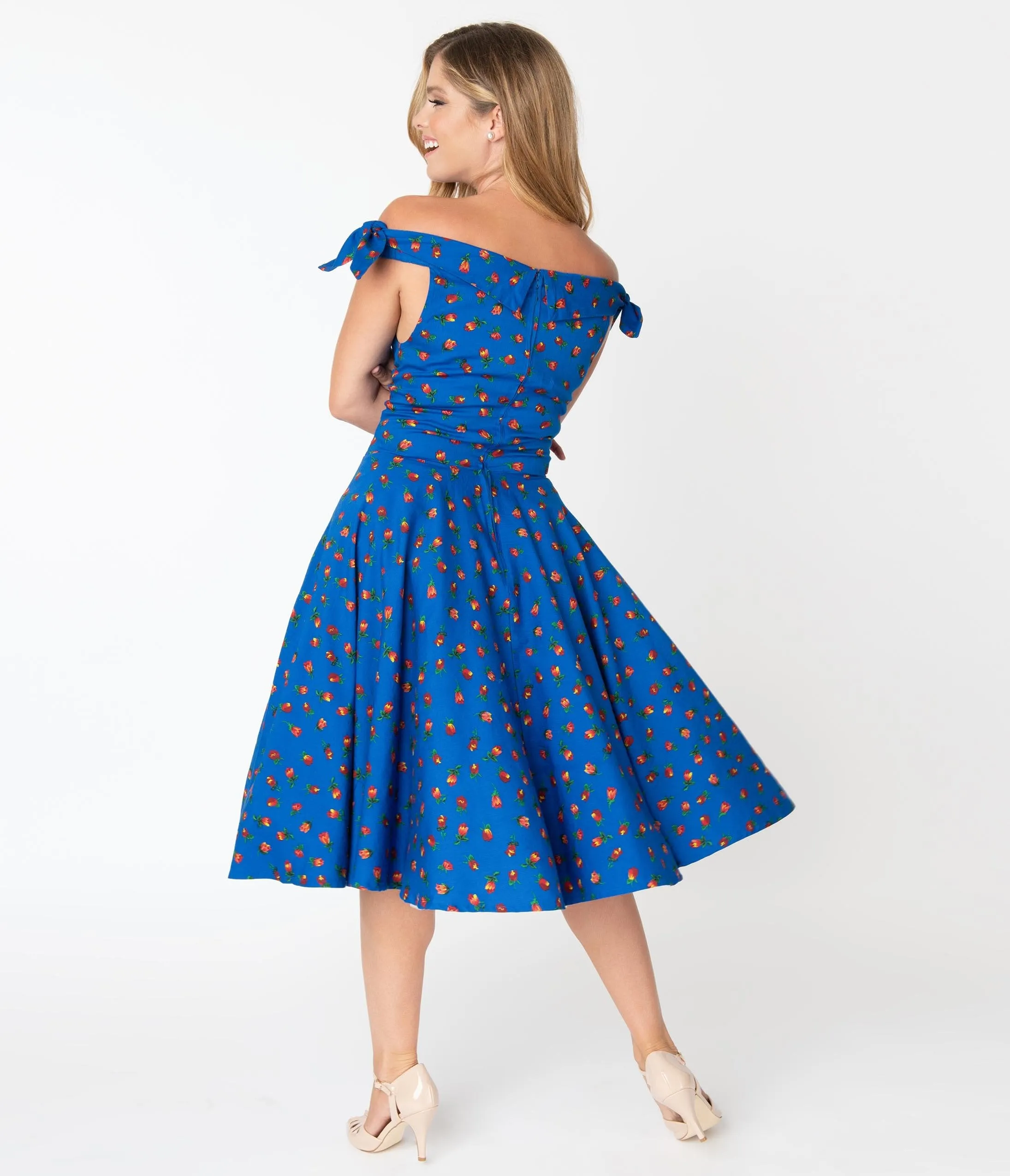1950s Style Blue & Red Floral Jessica Swing Dress