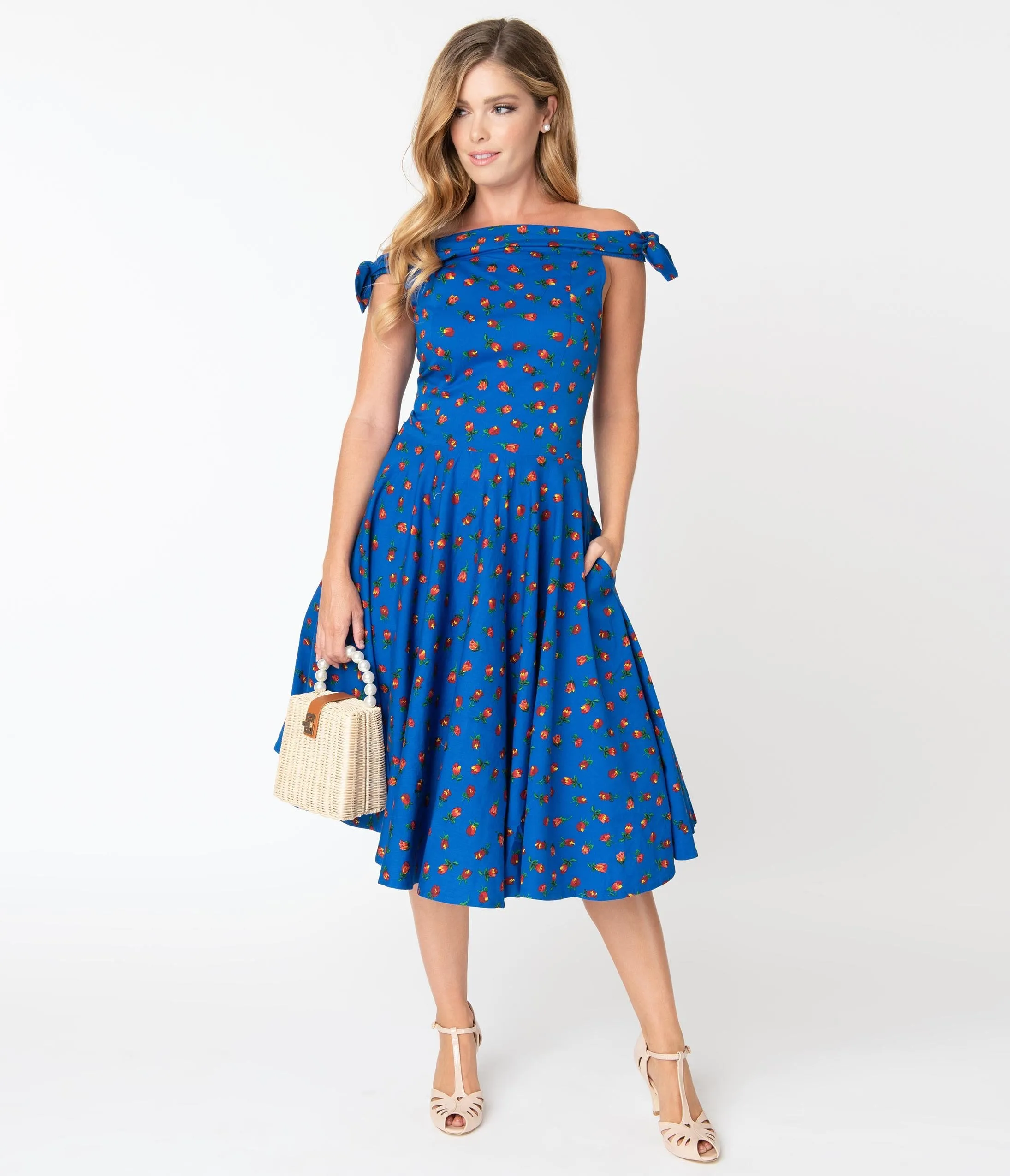 1950s Style Blue & Red Floral Jessica Swing Dress