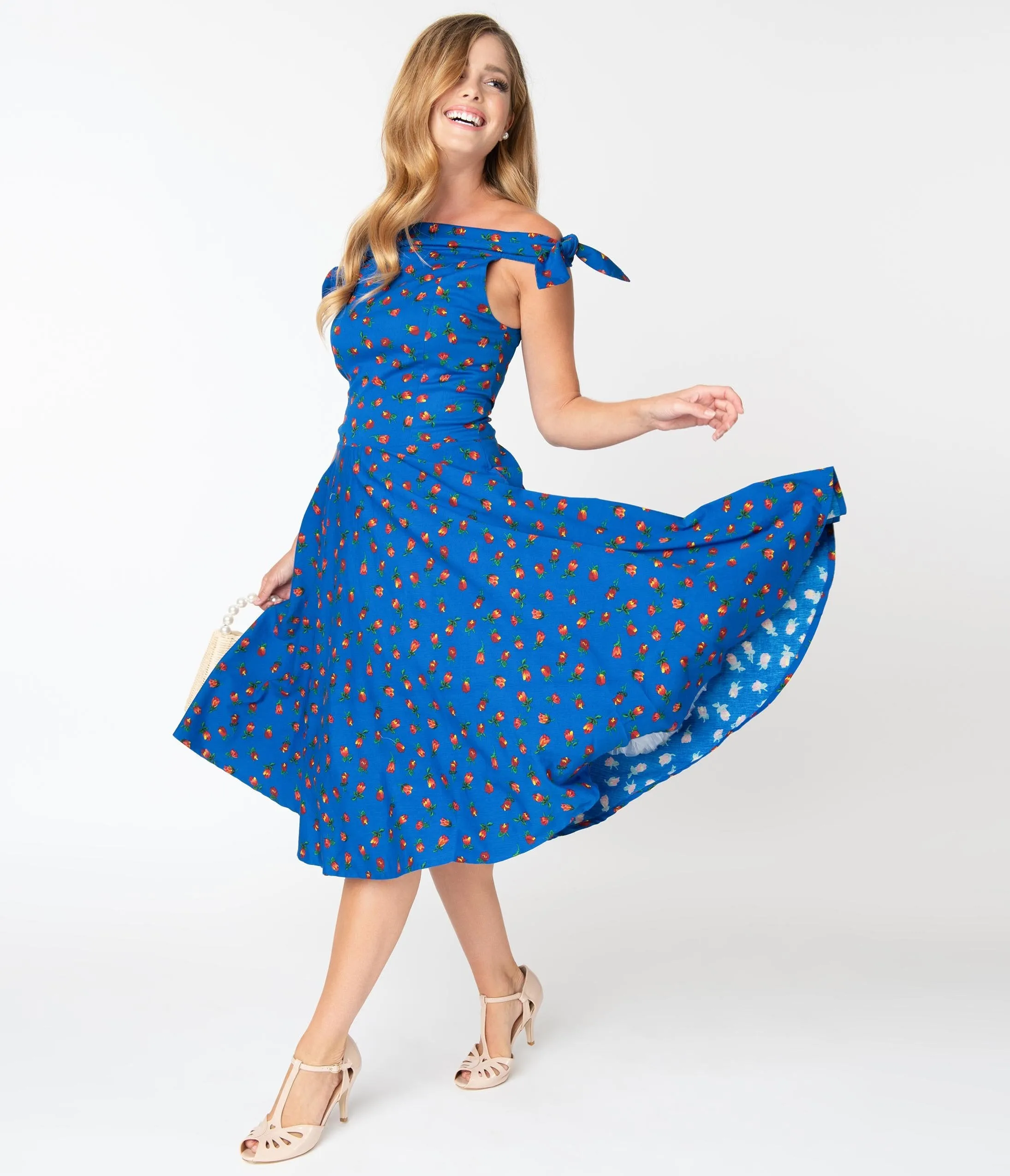 1950s Style Blue & Red Floral Jessica Swing Dress