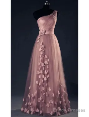 A-Line Prom Dresses Floral Dress Wedding Guest Prom Floor Length Sleeveless One Shoulder Tulle With Appliques