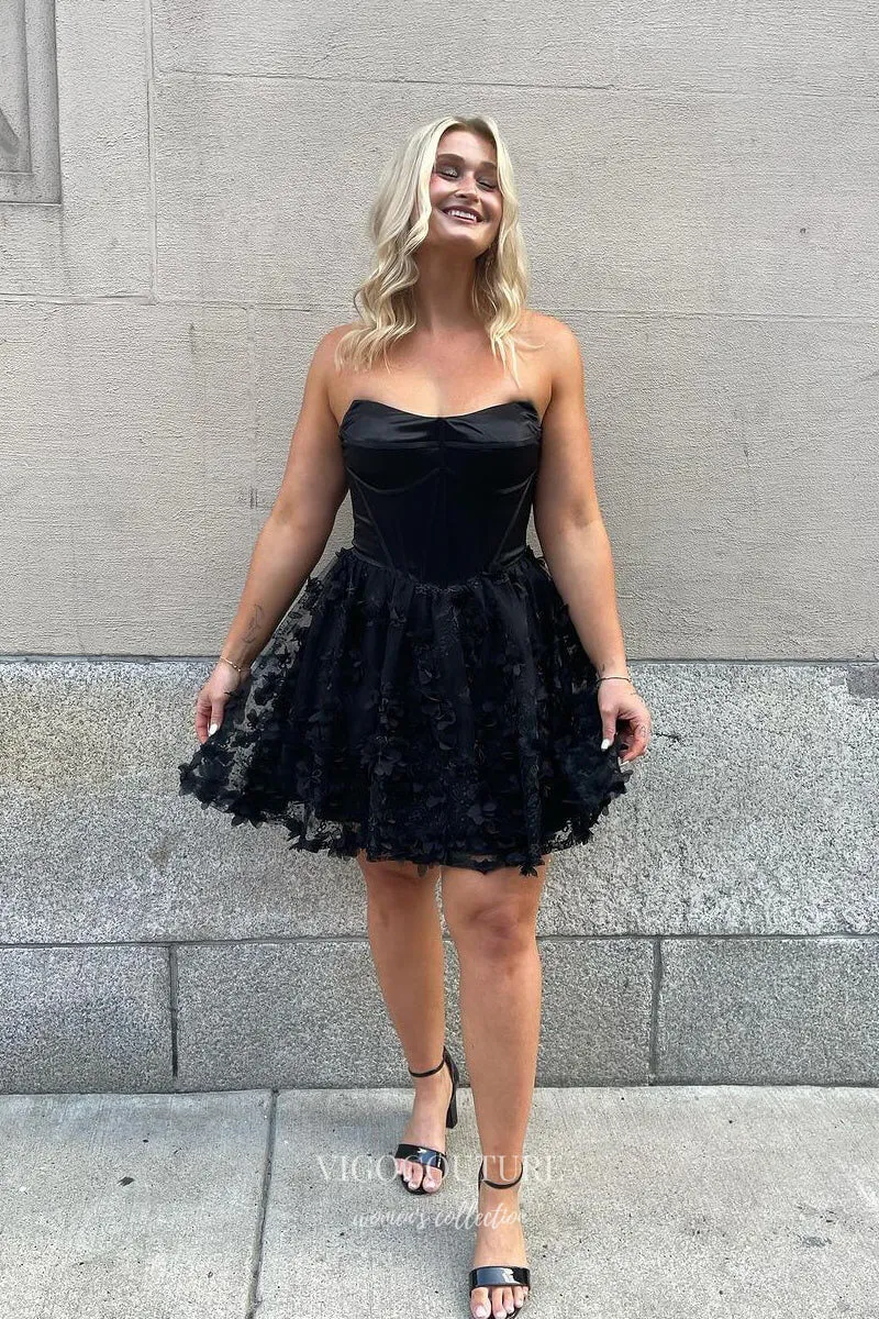 Black Floral Strapless Homecoming Dresses Sweetheart Back to School Dress hc426