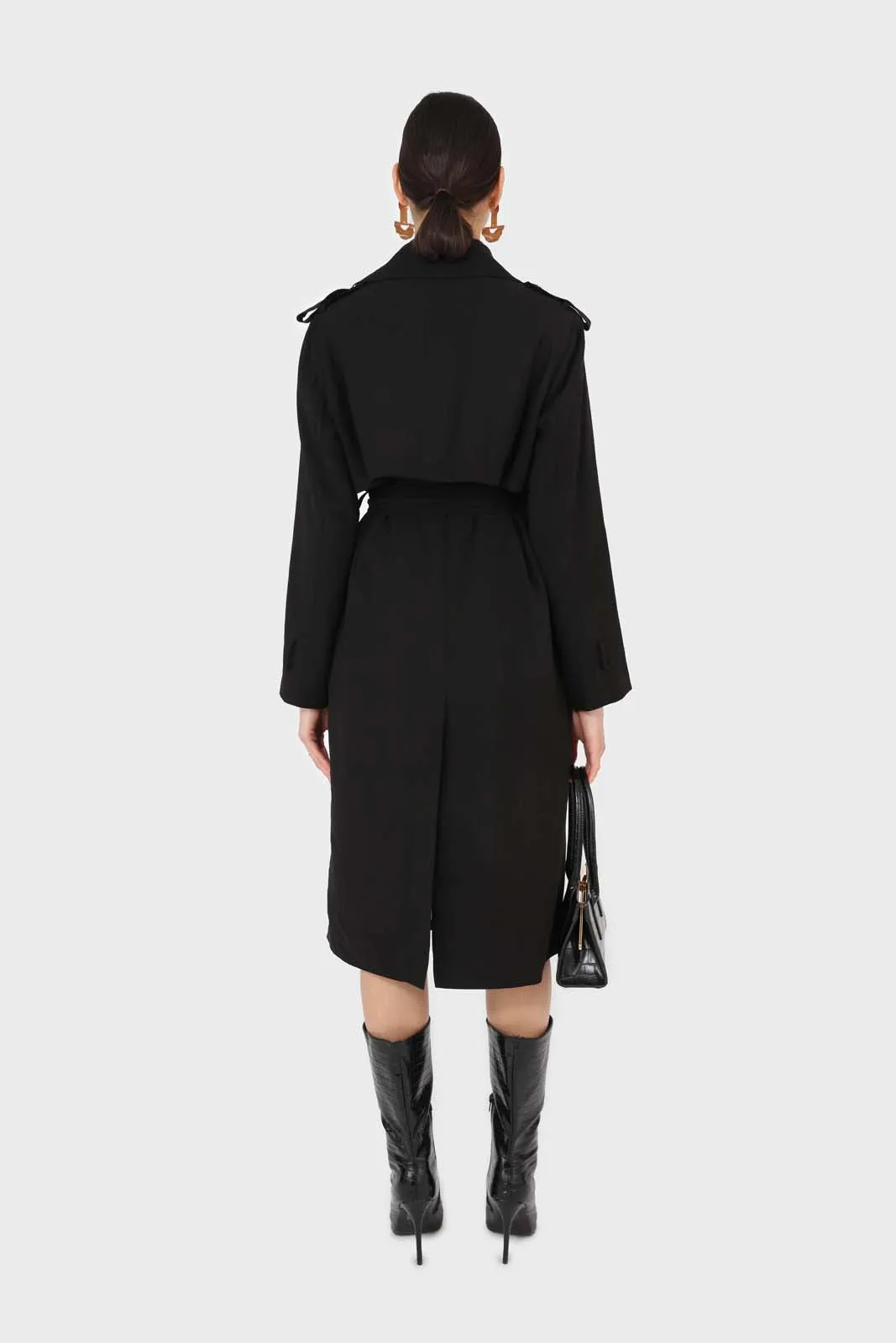 Black soft double breasted belted trench coat