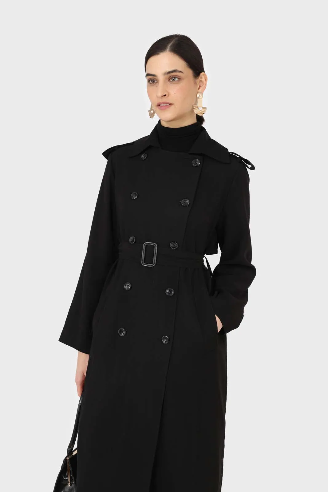 Black soft double breasted belted trench coat