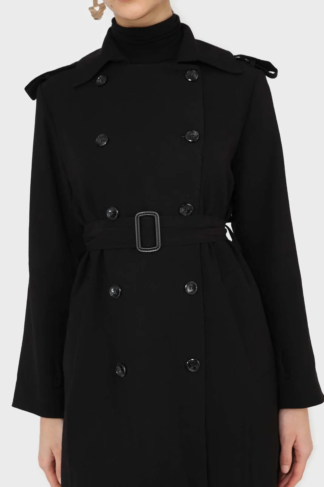 Black soft double breasted belted trench coat