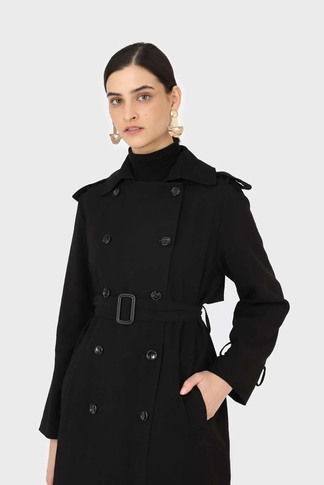 Black soft double breasted belted trench coat