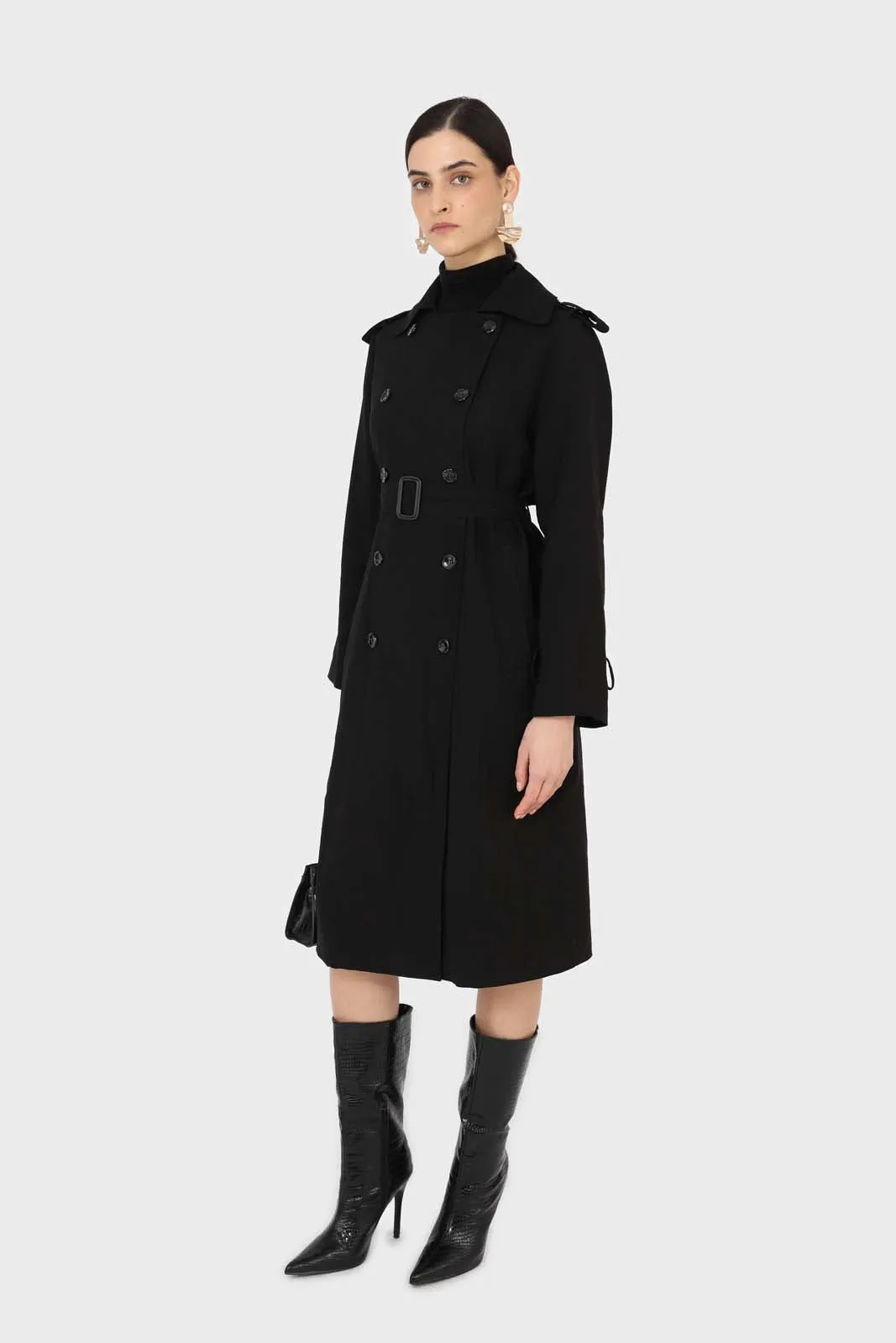 Black soft double breasted belted trench coat