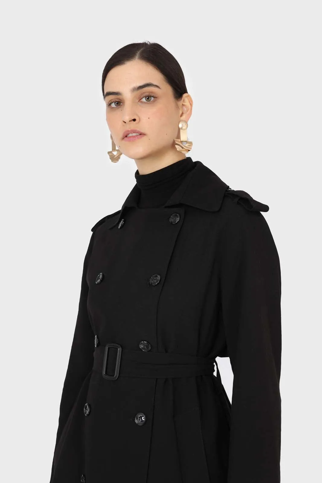 Black soft double breasted belted trench coat