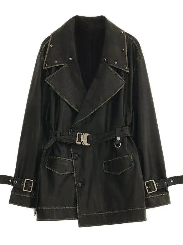 Leather Jacket Strap Waist Polished Windbreaker