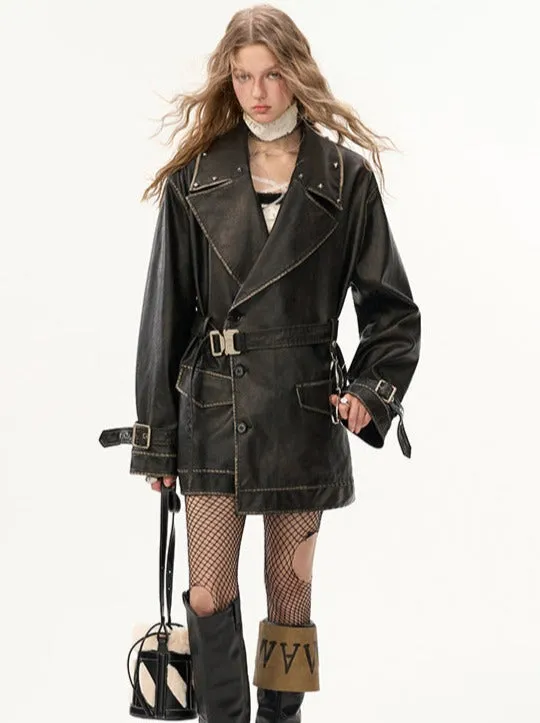 Leather Jacket Strap Waist Polished Windbreaker