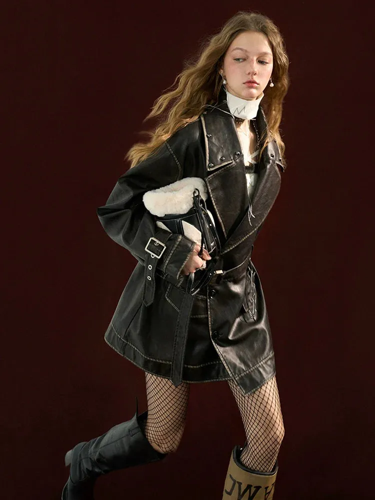 Leather Jacket Strap Waist Polished Windbreaker