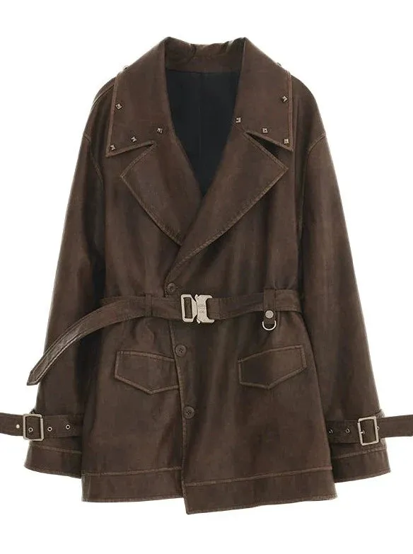 Leather Jacket Strap Waist Polished Windbreaker