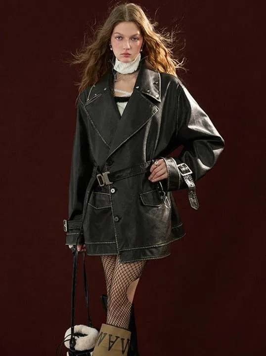 Leather Jacket Strap Waist Polished Windbreaker