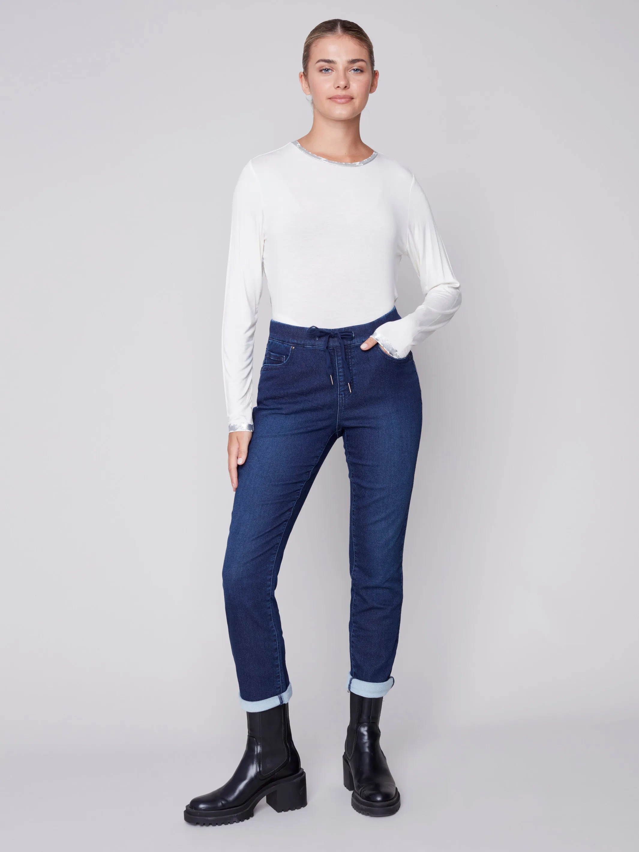 Long-Sleeved Top with Foil Print Detail - Cream