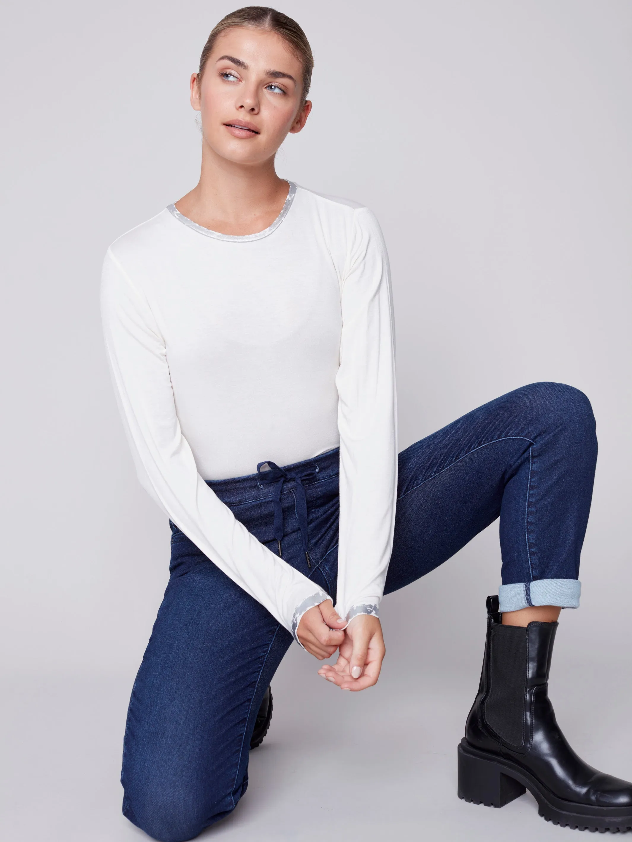 Long-Sleeved Top with Foil Print Detail - Cream