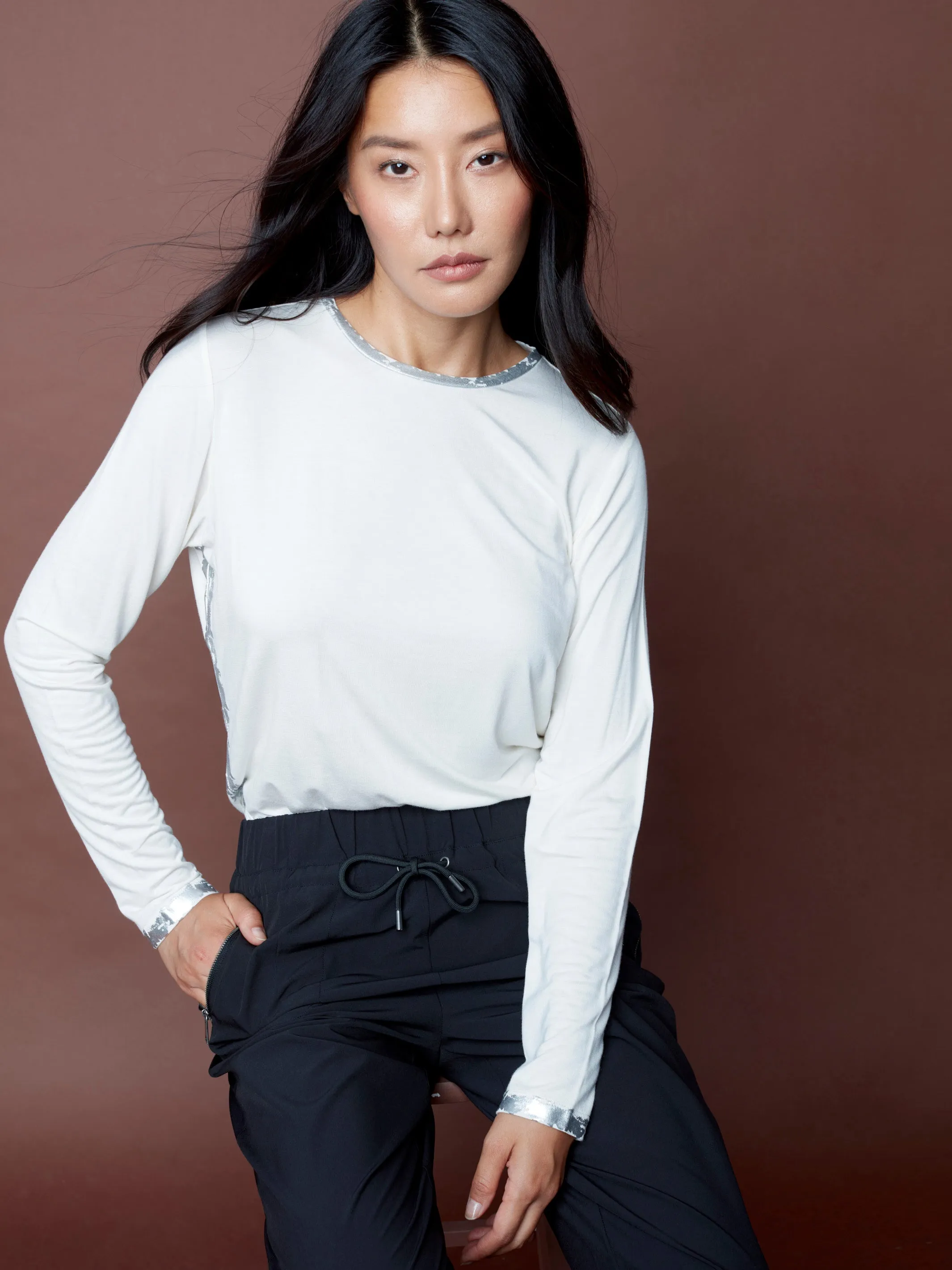 Long-Sleeved Top with Foil Print Detail - Cream