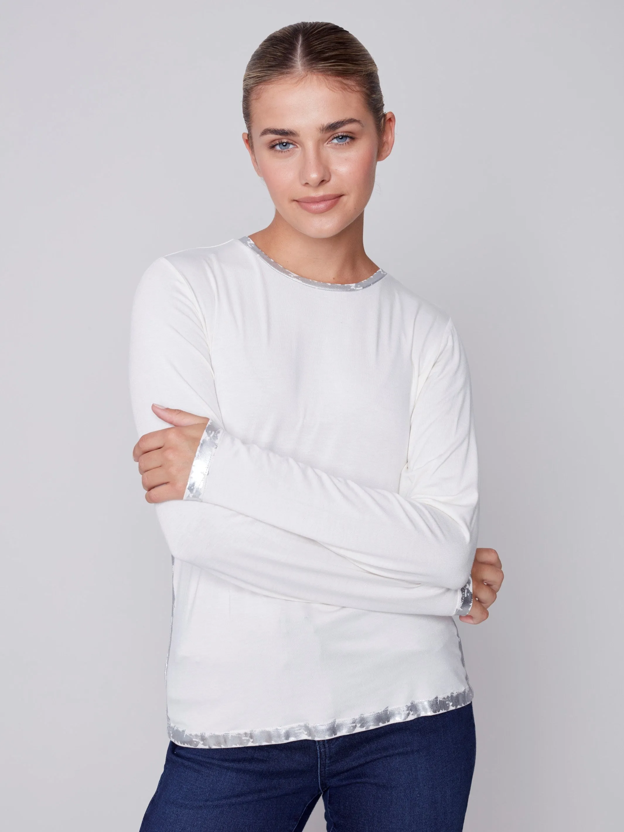 Long-Sleeved Top with Foil Print Detail - Cream