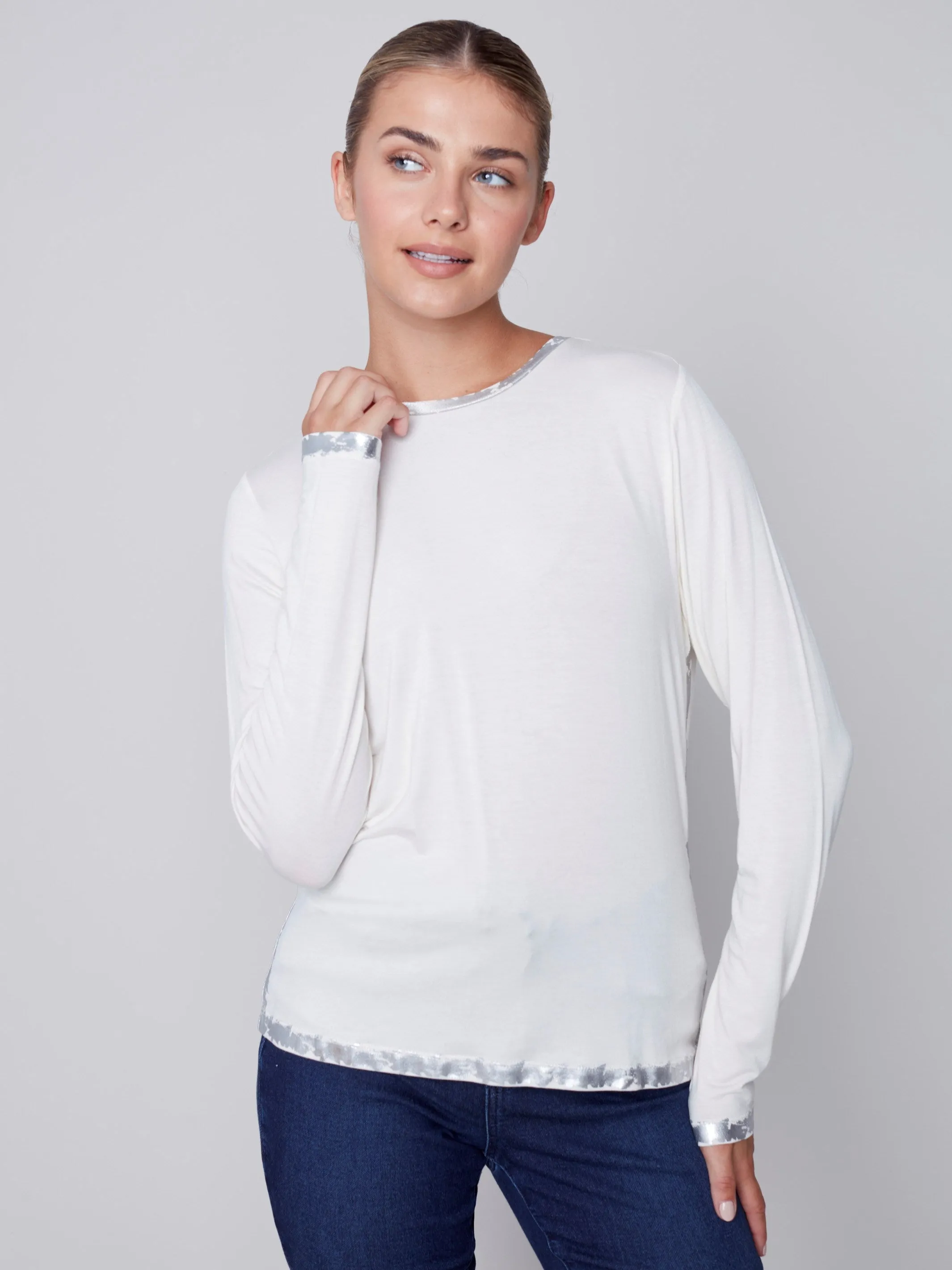 Long-Sleeved Top with Foil Print Detail - Cream