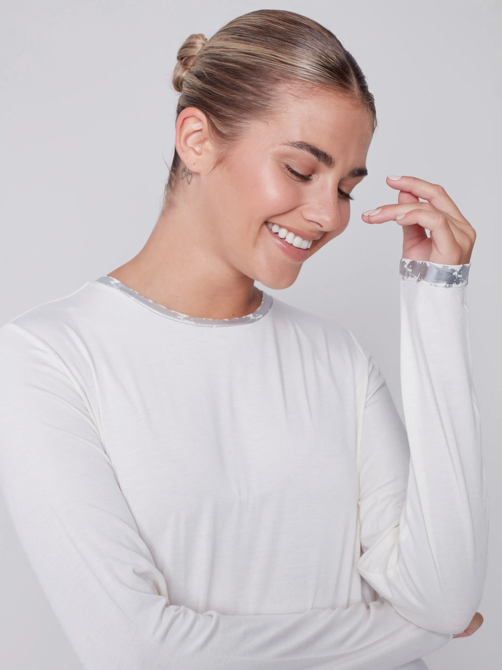 Long-Sleeved Top with Foil Print Detail - Cream