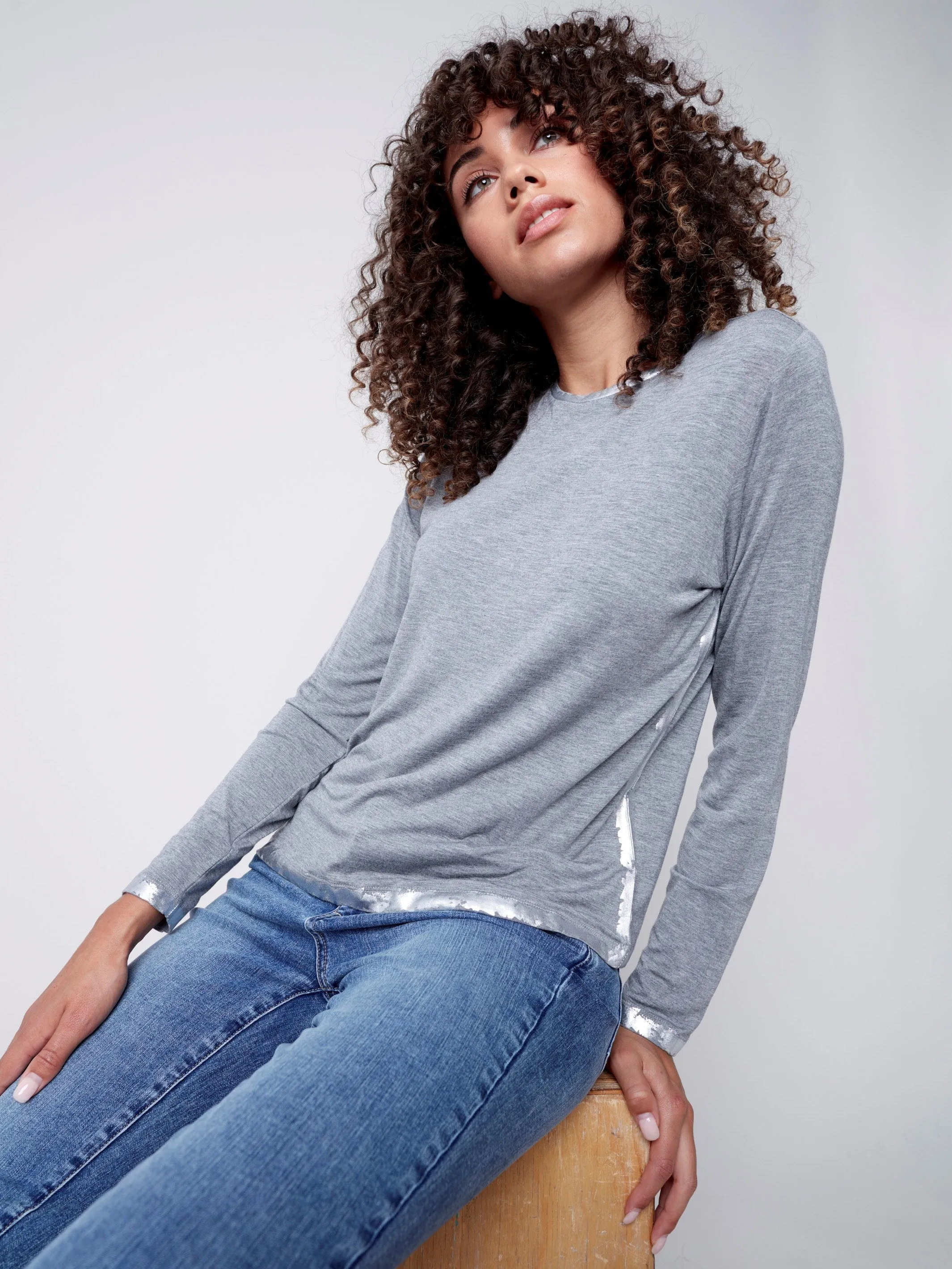 Long-Sleeved Top with Foil Print Detail - Grey