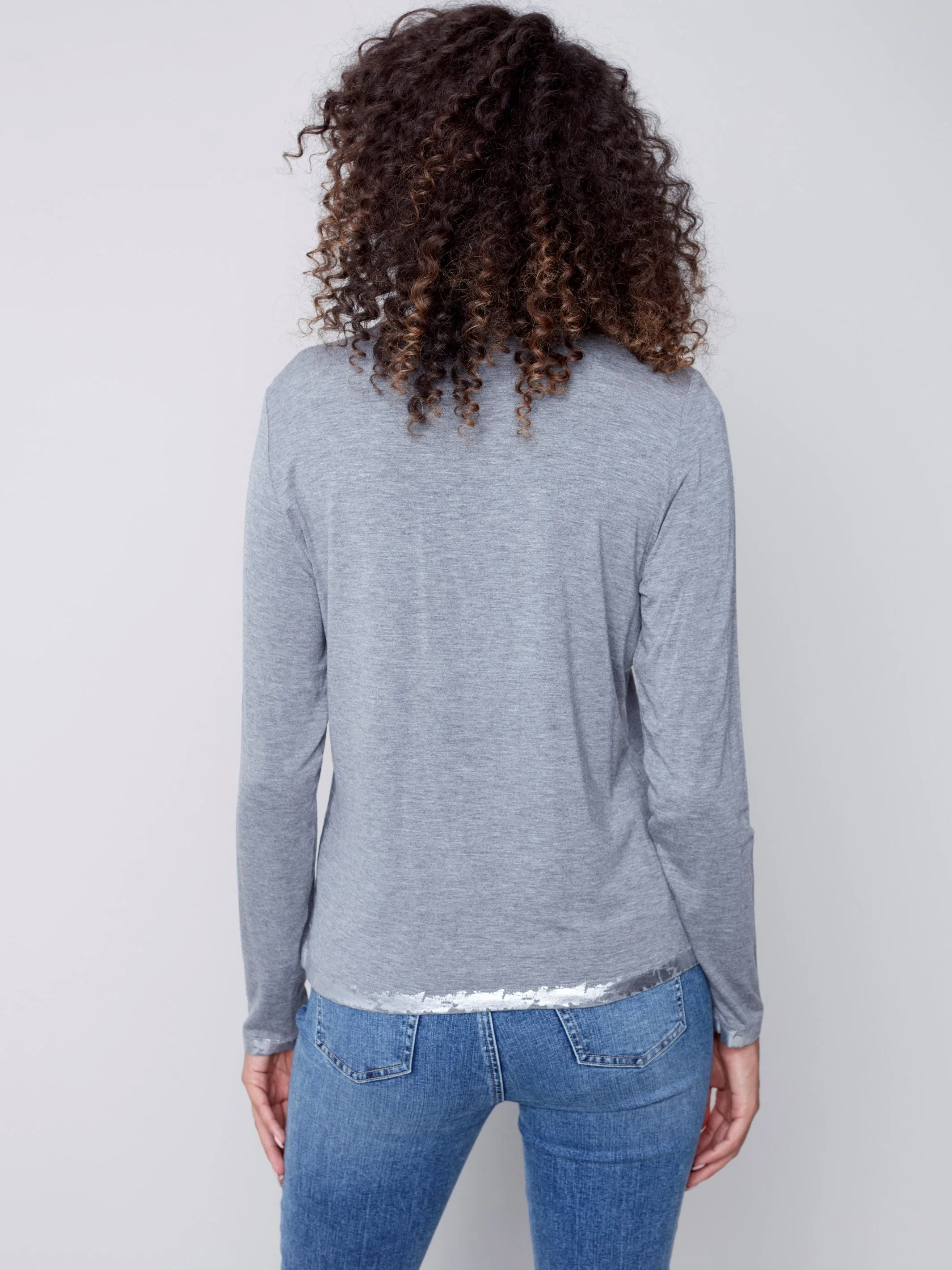 Long-Sleeved Top with Foil Print Detail - Grey