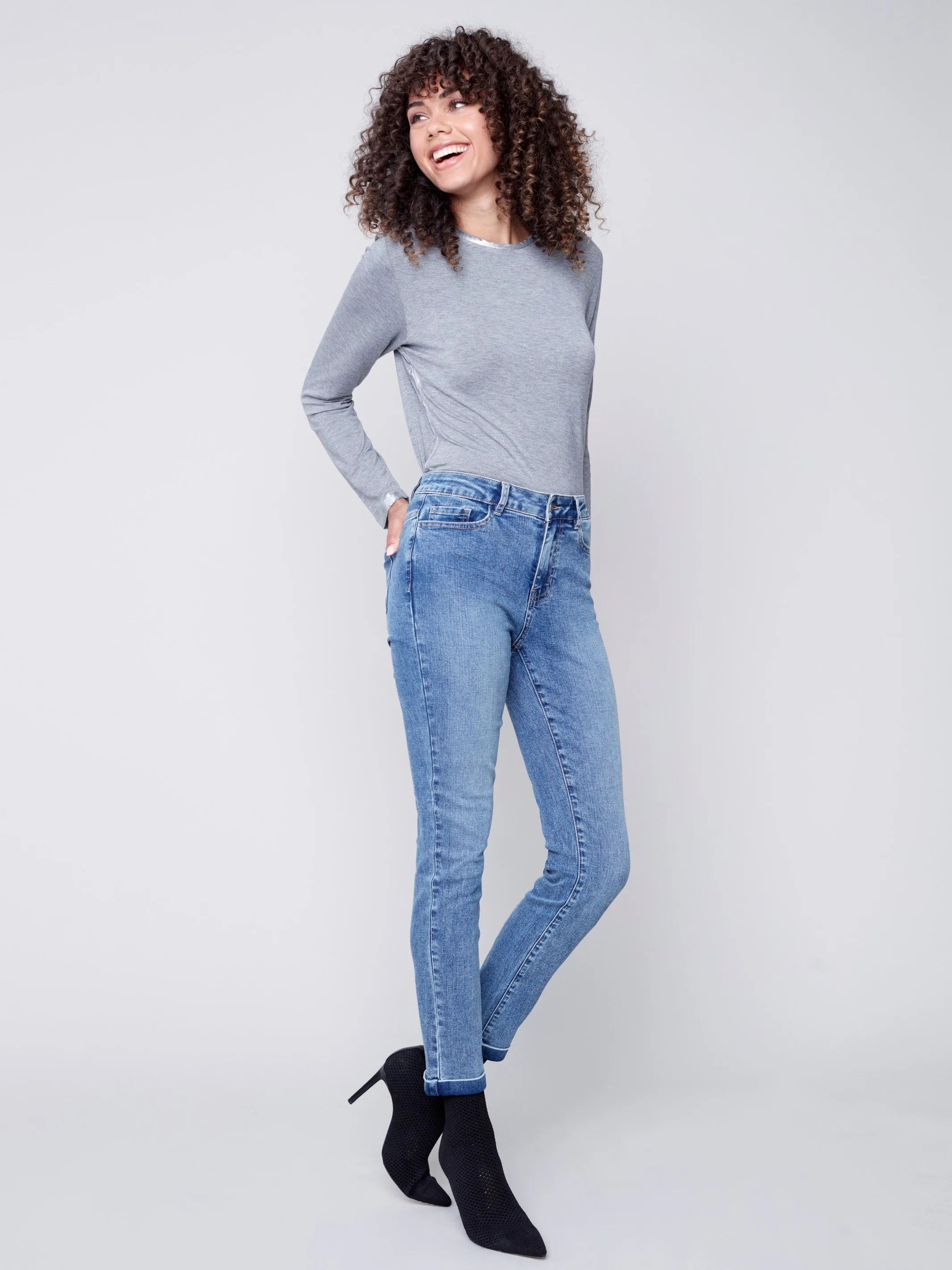 Long-Sleeved Top with Foil Print Detail - Grey