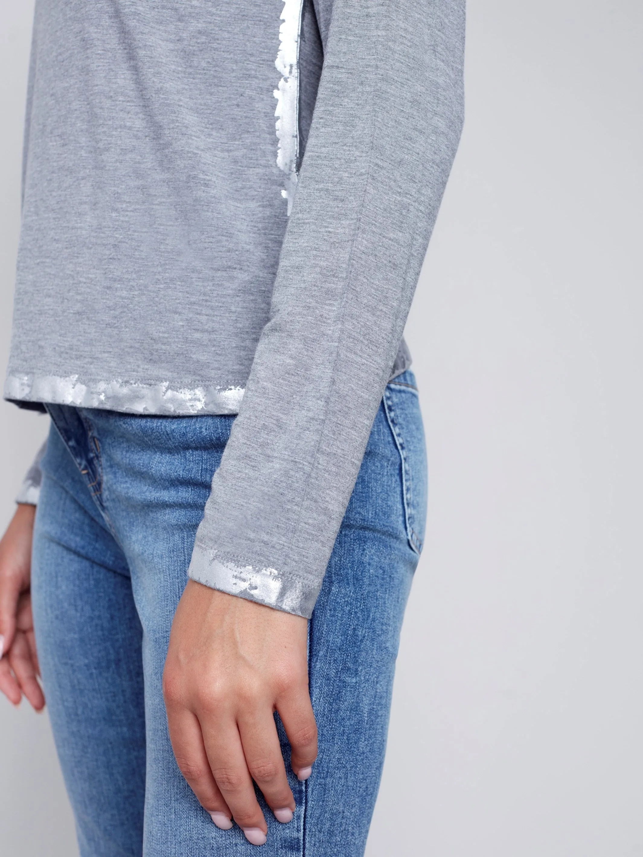 Long-Sleeved Top with Foil Print Detail - Grey