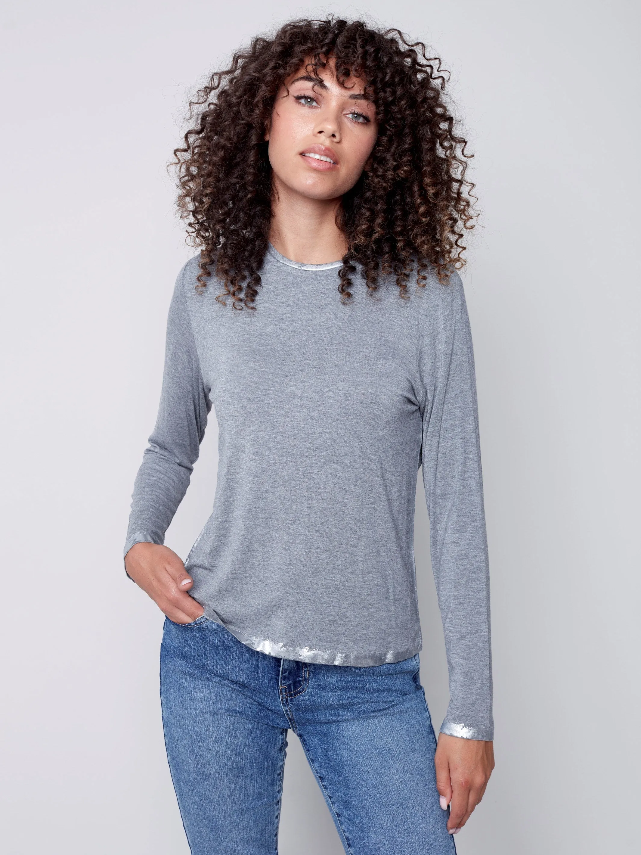 Long-Sleeved Top with Foil Print Detail - Grey