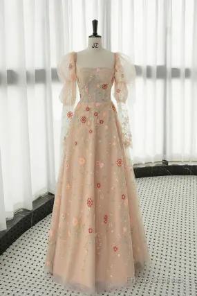 Long Sleeves Champagne Lace Floral Long Prom Dresses, Long Sleeves Champagne Lace Floral Formal Evening Dresses