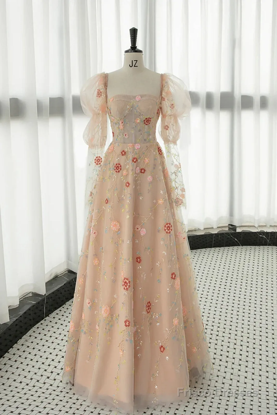 Long Sleeves Champagne Lace Floral Long Prom Dresses, Long Sleeves Champagne Lace Floral Formal Evening Dresses