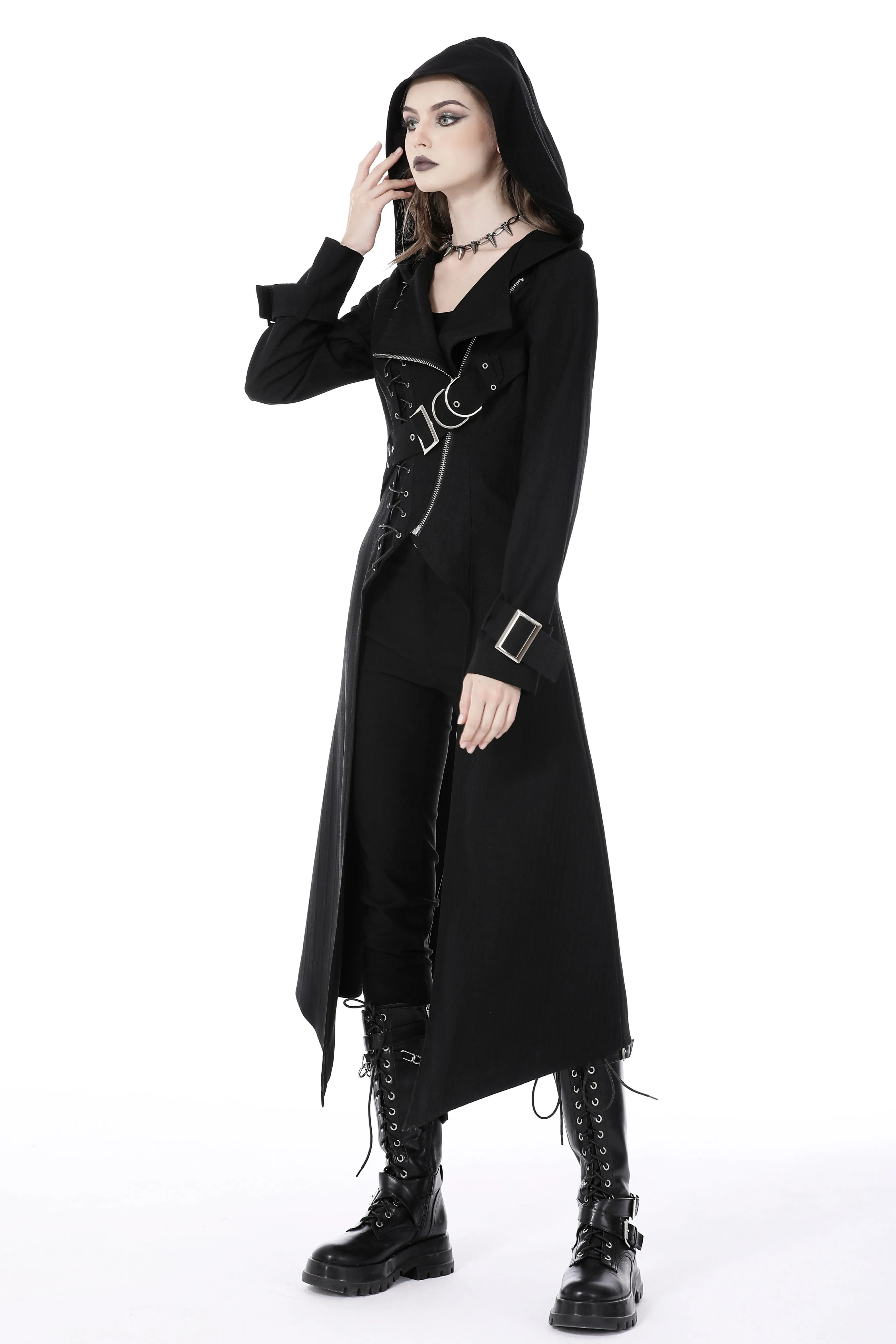 Punk rebel asymmetrical hooded long coat JW238