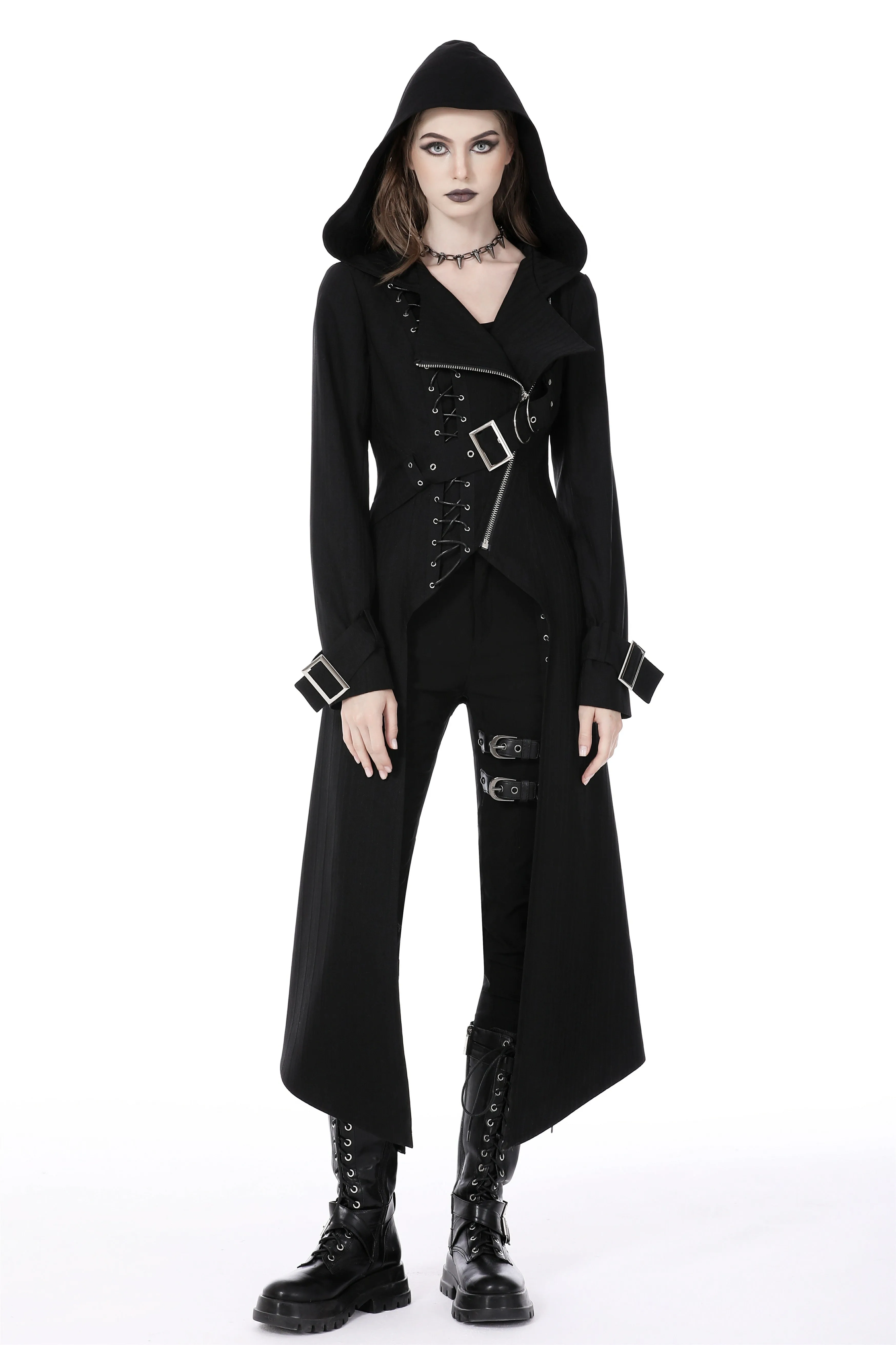 Punk rebel asymmetrical hooded long coat JW238