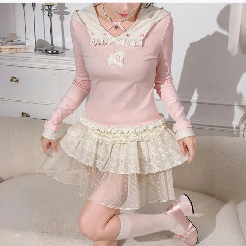 Sweet Soft Girl Style Cartoon Puppy Embroidered Pink Hooded T-shirt