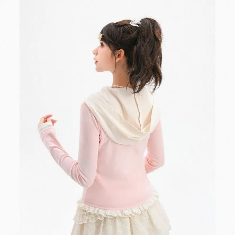 Sweet Soft Girl Style Cartoon Puppy Embroidered Pink Hooded T-shirt
