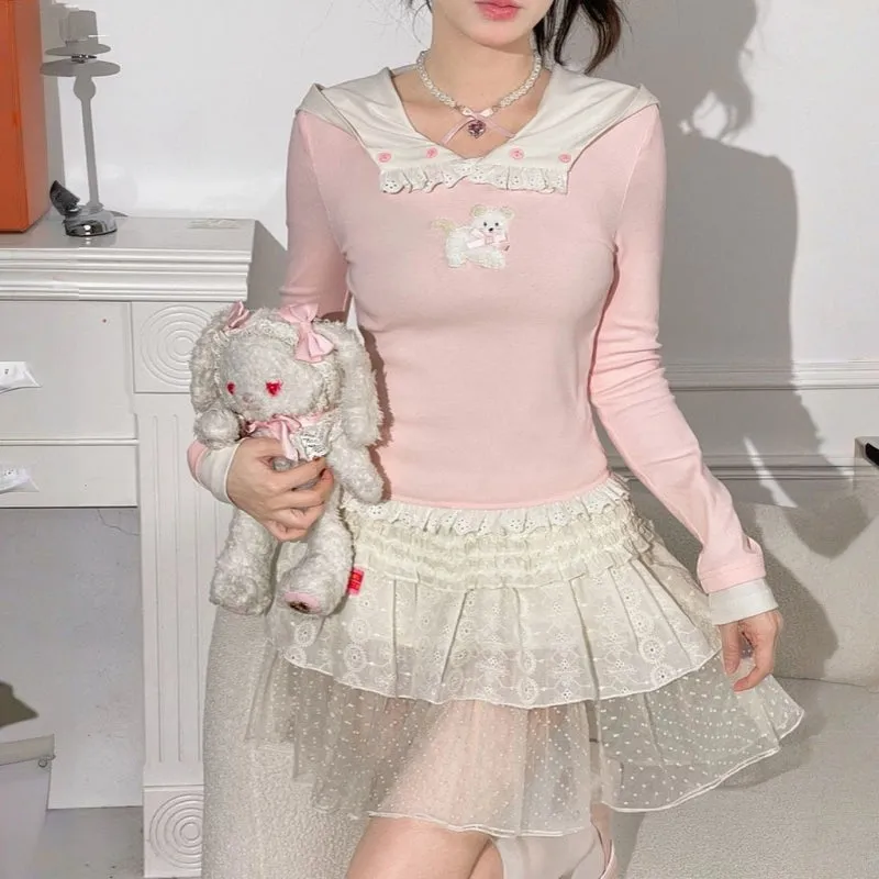 Sweet Soft Girl Style Cartoon Puppy Embroidered Pink Hooded T-shirt
