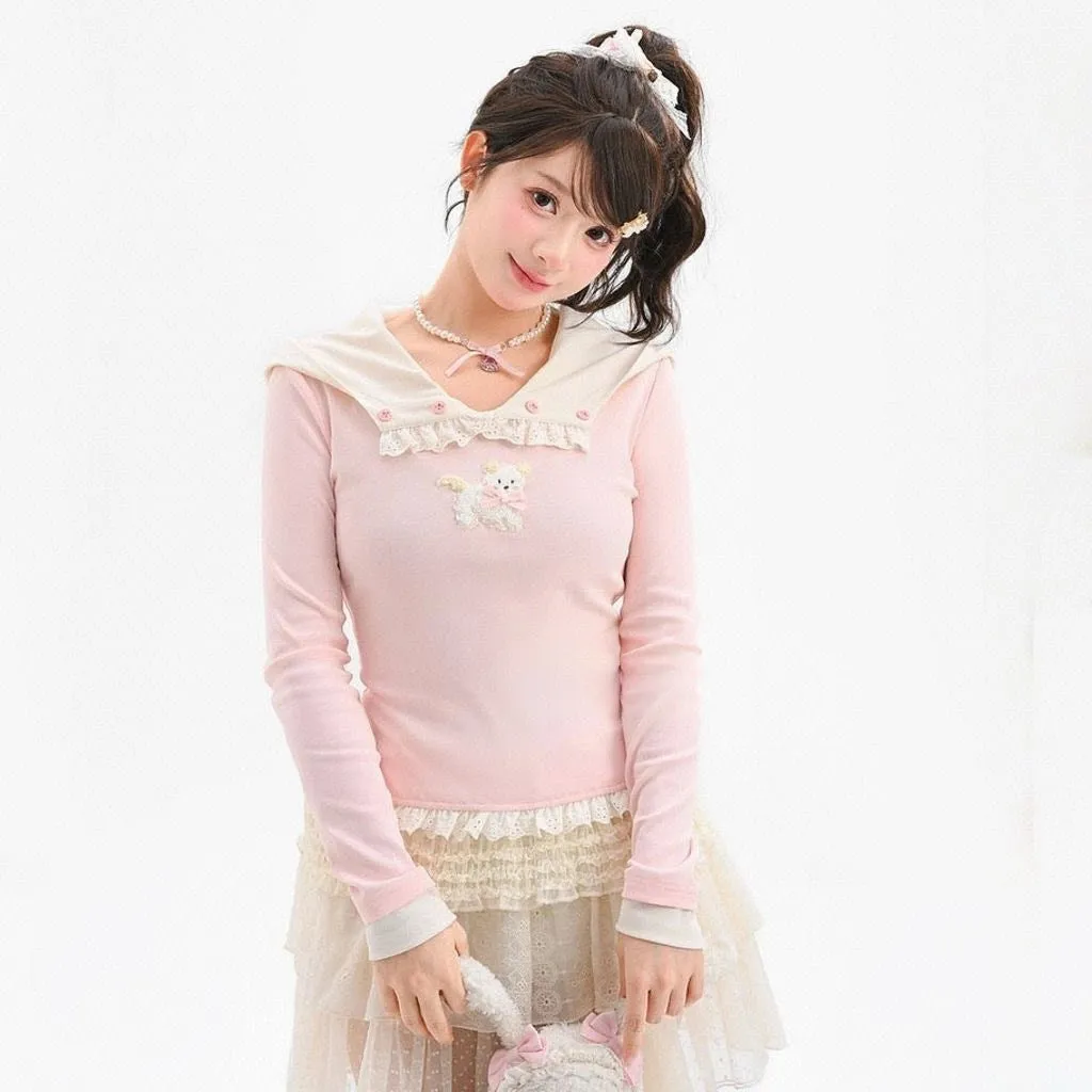 Sweet Soft Girl Style Cartoon Puppy Embroidered Pink Hooded T-shirt