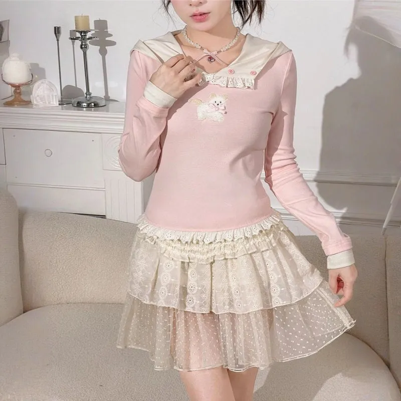 Sweet Soft Girl Style Cartoon Puppy Embroidered Pink Hooded T-shirt