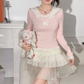 Sweet Soft Girl Style Cartoon Puppy Embroidered Pink Hooded T-shirt